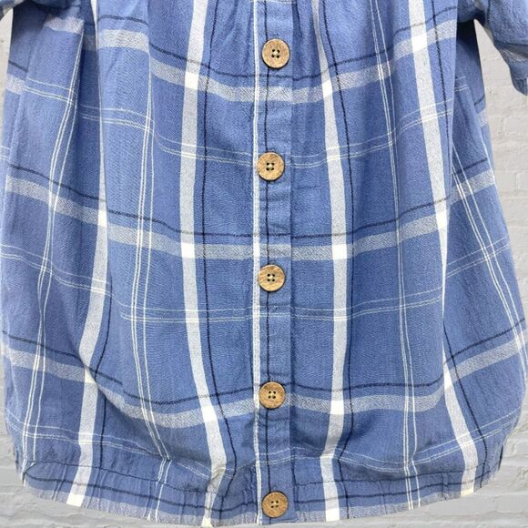 Clockhouse Off Shoulder Top S Blue Plaid Puff Sleeve Button Front Boho - Picture 8 of 11